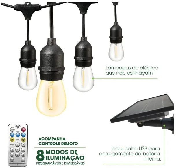 Cordao solar lamp led filamento 08 lamp s14 152lm 2700k 5,0m