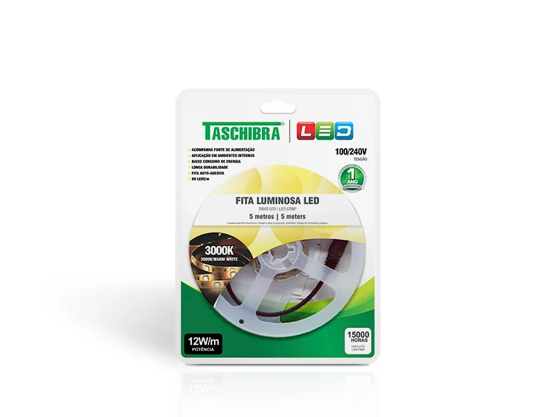 Fita led 3000k 12v ip20 10w/m 120leds/m rolo c/ 5m