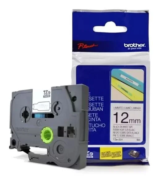 Fita rotuladora 12mm preto sobre branco tz231